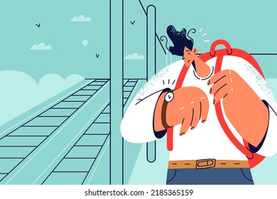 Stressed man standing on platform looking at clock worried about train delay. Unhappy guy check time distressed with missed transport on railway station. Vector illustration. 