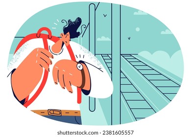 Stressed man standing on platform looking at clock worried about train delay. Unhappy guy check time distressed with missed transport on railway station. Vector illustration.