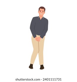 Stressed man standing and want to pee. Anxious guy with a full bladder need a toilet, desperation and stress. Flat vector illustration isolated on white background