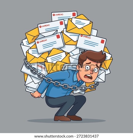 A stressed man struggles under the weight of a massive pile of emails, chained to his burden.
