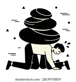 A stressed man struggling under the immense weight of a heavy stone stack, symbolizing professional burnout, business pressure, mental health challenges, and overload.