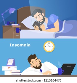 Stressed man suffering from the insomnia set. Guy with no sleep at night. Tired character at work in office. Flat vector illustration