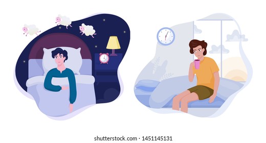 Stressed man suffering from the insomnia set. Guy with no sleep at night. Tired character with coffee in the morning. Vector illustration in cartoon style