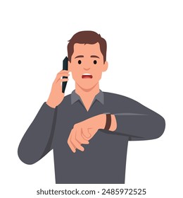 Hombre estresado hablando por teléfono mientras mira el reloj. Ilustración vectorial plana aislada sobre fondo blanco
