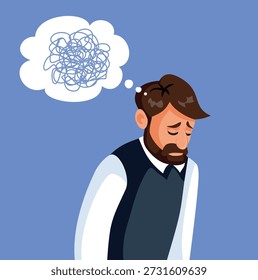  
Homem Estressado com Ilustração de Vetor de Pensamentos Emaranhados. Cara ansioso tendo pensamentos enredados escuros 

