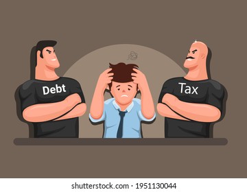 Stressed man with tax and debt collectors, finance management business symbol cartoon illustration vector