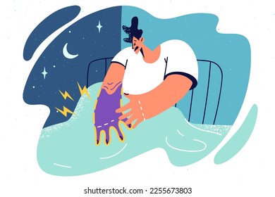 Stressed man wakeup at night struggle with hand numbness. Distressed male awaken having numb arm suffer from neurology problems. Vector illustration. 