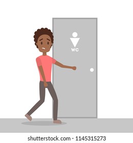Stressed man wants to pee. Guy with a full bladder standing at the closed WC door. Flat vector illustration