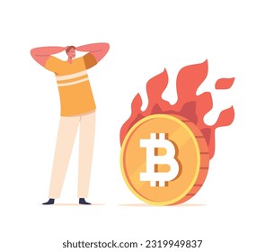 Stressed Man Watches As A Bitcoin Coin Burns, Symbolizing Financial Anxiety And Potential Loss In The Cryptocurrency