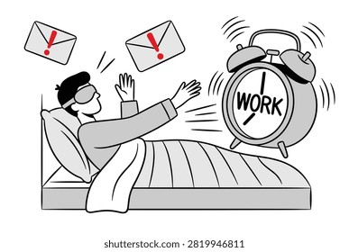 Stressed man wearing an eye mask is suddenly startled by a giant ringing alarm clock and urgent work email notices.