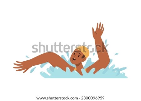 Stressed man wearing swimming hat drowning splashing in water asking for help vector illustration