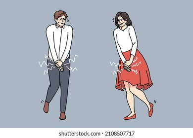 Stressed man and woman feel sick want pee. Anxious guy and girl with full bladder need toilet. Stress and desperation. Healthcare or health problem concept. Flat vector illustration. 