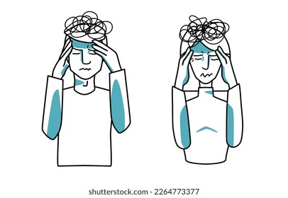 Stressed man and woman, holding hands on a head, closed eyes. Stress emotion of husband and wife, line art, half body hand drawn sketch style vector.