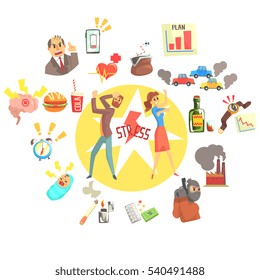 Stressed Man And Woman Surrounded With Different Stress Factors External And Lifestyle Related