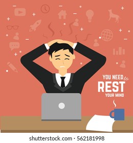 stressed man with work flat illustration character