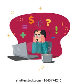 stressed man at work with laptop vector. looking for fresh new ideas with hot coffee
