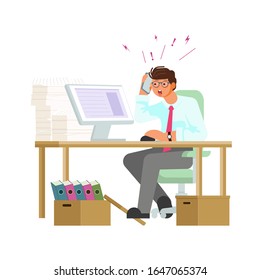 Hombre acentuado trabajando duro con muchos papeles, montones de documentos, computadora, llamadas telefónicas. Trabajo de oficina, concepto de carga de trabajo. Ilustración de vectores de arte plano
