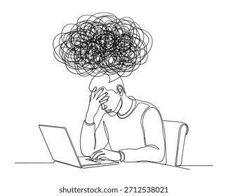 Hombre estresado que trabaja el Vector del arte de la línea del ordenador portátil. Sobrecarga mental Vector de ilustración continua