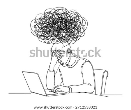 Stressed man working laptop line art vector. Mental overload continuous illustration vector