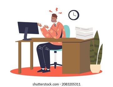 Stressed man working on computer. Angry male worker suffer from stressful emotions in office. Work overtime and professional burnout concept. Cartoon flat vector illustration