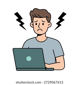 Stressed man working on laptop with lightning bolt symbols, mental health and burnout concept.