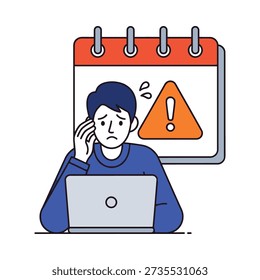 Stressed man working on laptop with worried expression in front of calendar with warning sign