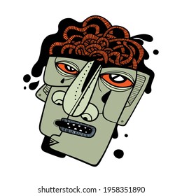 Stressed man's face with a boiling brain. Concept about stress, headache, information overload, psychological burnout. Vector illustration.