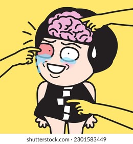 Stressed Mature Woman With Signs Of Ageing On Body In The Bones, Brain And Eyes Concept Card Character illustration