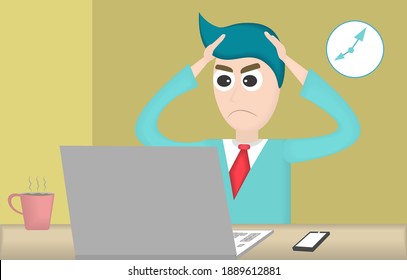 Stressed men worry about the work they are doing on the table. Work flat illustration vector Frustrated men make mistakes in separate documents. Office workers are nervous, have problems or misunderst