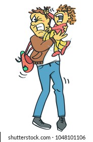Stressed and miserable father holding a raging and screaming little child, funny vector cartoon isolated on white background