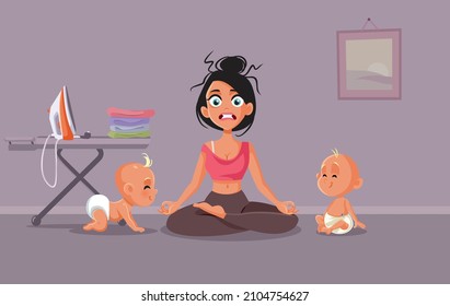 
Stressed Mom of Twins Trying to Relax Vector Cartoon Illustration. Desperate mother in need for a break for herself to unwind 
