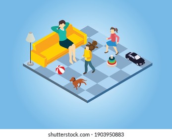 Stressed mother with active toddlers 3D isometric vector concept for banner, website, illustration, landing page, flyer, etc