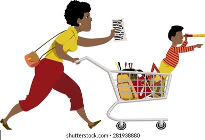 Stressed Mother With A List Shops For School Supplies, A Little Kid Sitting In Her Shopping Cart, Vector Illustration, No Transparencies, EPS 8, Isolated On White