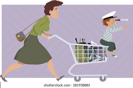 Stressed Mother With A List Shops For School Supplies, A Little Kid Sitting On Her Shopping Cart, Vector Illustration, No Transparencies, EPS 8