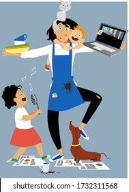 Stressed Mother Trying To Handling Taking Care Of Her Kids,  House Chores And Remote Work,  EPS 8 Vector Illustration