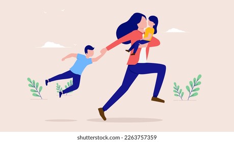 Stressed mother - Woman parent running with children in urgency and hurry. Parenting time crunch and stress concept. Flat design vector illustration