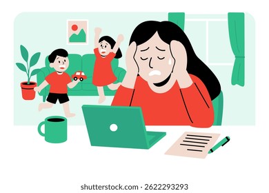 Stresste Mutter arbeitet von zu Hause aus, während Kinder laut im Hintergrund spielen