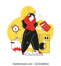 Stressed multitasking housewife to be late hustle housekeeping vector flat illustration. Female lack of time housework deadline problem cooking, washing and ironing isolated. Depression, fatigue