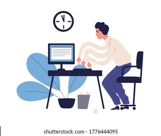 Stressed multitasking man trying to get in time making many work use computer vector flat illustration. Male office worker hurrying working isolated on white. Missing deadline and bad time management