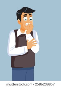 
Stressed Nervous Man Biting His Nails Vector Cartoon Character. Anxious guy fidgeting with his fingers while gnawing on his fingertips.
