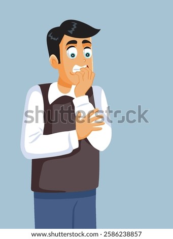 
Stressed Nervous Man Biting His Nails Vector Cartoon Character. Anxious guy fidgeting with his fingers while gnawing on his fingertips.
