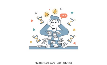 Stressed office employee sitting at a desk and feeling overwhelmed by a large pile of paperwork and deadlines while working.