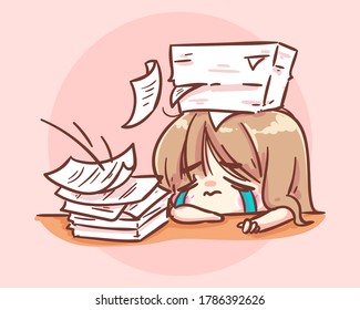 Stressed Office girl working at desk with documents cartoon art illustration Premium Vector