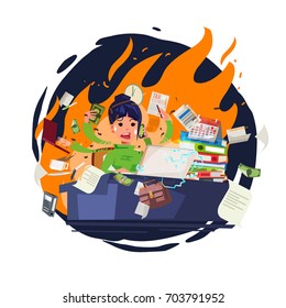 Stressed office girl working quickly and busy with fire in background. character design - vector illustration