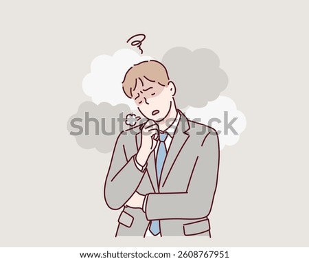 Stressed Office man Sighing at Work.  Hand drawn style vector design illustrations.
