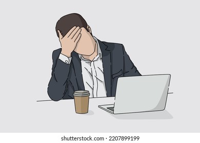 Stressed office man. Work piled up. Job stress. Vector image