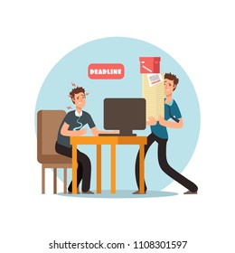 Stressed office people for deadline and time management vector concept icon isolated in round illustration