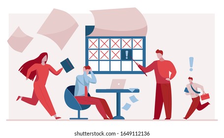 Se apresuró a aumentar el número de funcionarios de oficina que trabajaban en el plazo establecido. Empresarios que se apresuran a terminar el proyecto de ilustración vectorial plana. Problema comercial, concepto de plazo para banner, diseño de sitio web o página web de inicio