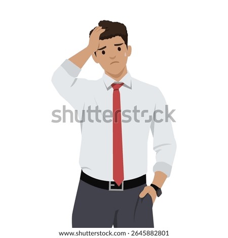 Stressed Office Worker in Deep Thought. Flat vector illustration isolated on white background
