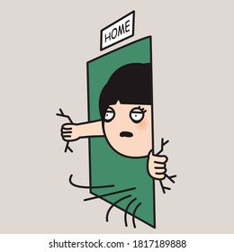 Stressed Office Worker Girl With Tired Face Holding Tight On To The Wall Of Her Home Concept Card Character illustration